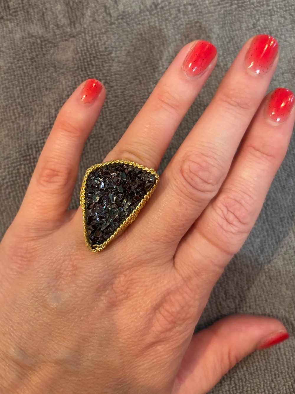 Gold-Trim Black Druzy Triangle Statement Ring - Women Jewelry